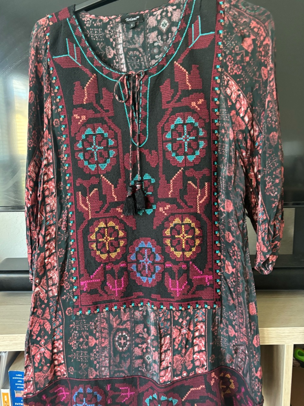 Tolani Burgundy Multicolor Embroidered Boho Tunic